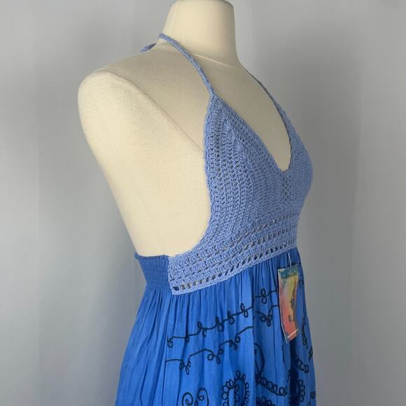 Boho Midi Dress Size Small Blue Embroidered Crochet Hi Low Beach Gypsy Festival - Picture 7 of 16